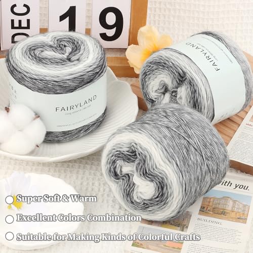 Aeelike Cake Yarn for Crocheting, Soft Ombre Crochet Yarn, Ink Gradient | 6 PCS #3 Light weight 100g(3.52oz) 245m( 267yards), 60% Cotton Blend Gradient Yarn for Blanket Scarves DIY Crafts, Ideal Gift - color: Grey White Gradient, size: 6 pcs