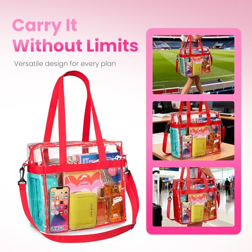 Handy Laundry Clear Bag 12x6x12 Stadium Approved Tote, Zipper Strap | PVC Clear Stadium Tote, Zipper Top, Shoulder Straps, 12x6x12 Meets Tournament Guidelines, for Concerts Work Sports - color: Red
