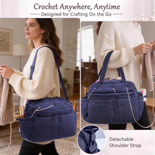 MYBAGZING Stylish Crochet Bag Organizer with Crochet Hook Case, Large Capacity Yarn Bag for Crocheting on the Go, Soft Quilted Crochet Tote with 7 Compartments, Knitting Project Carry-On Travel Gift - color: Navy