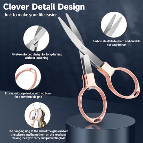 3 Pcs Folding Stainless Steel Mini Badge Scissors with 3 Keychains | Safety Foldable Pocket Travel Small Scissors All Purpose for Nurse Accessories, Travel, Office, Craft, Sewing (Rose Gold) - color: Rose Gold