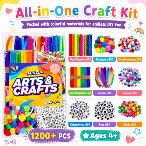 FUNZBO 1200pcs+ Craft Kits with Pipe Cleaners Pom Poms Popsicle Sticks | Arts & Crafts Supplies for Kids, Crafts for Girls Toys, Birthday Gifts for Boys & Girls Ages 4 5 6 7 8 9 -12 - size: Crafts Kit (Medium)