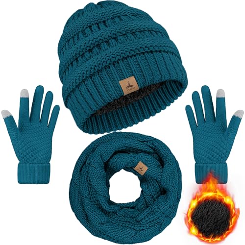 LOROME Winter Beanie Hat Scarf Gloves, Warm Fleece Knit Neck Scarf Set Gift | Hats Gloves Scarf Set, Touchscreen Gloves, Universal Size Neck Scarf Set Winter Gifts for Unisex Adult Winter Wear - color: Blue