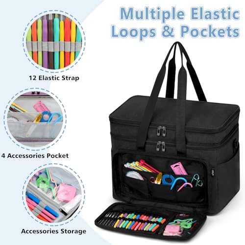Crochet Organizer Bag with Yarn Holder, Large Yarn Storage for Accessories | 3PCS Crochet Knitting Bag with Accessory Pouch for Hooks, Needles, Travel Tote, Crochet Lovers, Gift for Crafters, No-Tangle - color: Black