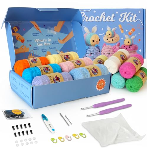 Crochetta Crochet Kit for Beginners Adults - Complete Starter Set with Crochet Hooks, Scissors, Stitch Markers + 12-Colored Yarn 45-50 Yards (20g) per Color - color: 20Gx12