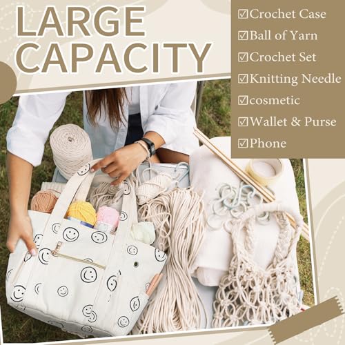 Bulyoou 2 Pcs Crochet Bag and Tote Set, Corduroy Yarn Bag with Grommets, Smile Face Crochet Project Bags Organizer for Hooks, Needles, Knitting Accessories, Gifts for Women Yarn Crafts Lovers