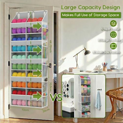 5 Tiers Over The Door Hanging Yarn Storage Organizer, Hanging Door Organizer for Knitting and Crochet Supplies, Back of Door Yarn Storage Holder with Clear Window (Grey) - color: Grey