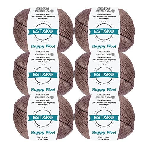 Estako Happy Wool, 40% Merino Wool Fingering Yarn, Milky Brown, 6-Pack | soft, sock weight, 300 g, 1146 yds, baby clothes, sweaters, scarves, hats, 3 mm needles - color: 8035 - Milky Brown, size: 6 Skeins