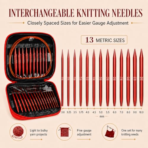 Aeelike 13 Pair Interchangeable Circular Knitting Needles Set 3-10 mm, Red | Aluminum Interchangeable Knitting Needles with 4 Cables, Smooth Complete Needles Set for Socks Blankets Sweaters, Ideal Gift - color: Shinny Red