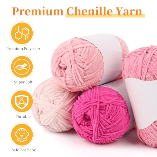 Coopay Skinny Chenille Yarn for Crocheting & Knitting, Pink Gradient | Crochet Yarn Set - 600g Total, Velvet Yarn for Colorful Crafts, Blankets, Plush Dolls, Decorative Handmade Works - color: Light Pink Tones, size: #2 Thin