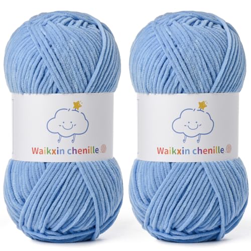 Skinny Chenille Yarn for Crocheting,Baby Yarn for Crocheting Soft,2 Pack 3.5 oz/218.7 yds Fingering Weight Velvet Yarn,Fluffy Amigurumi Yarn for Baby Blankets/Clothes&Crafts(2 Azure) - color: [2 Azure]