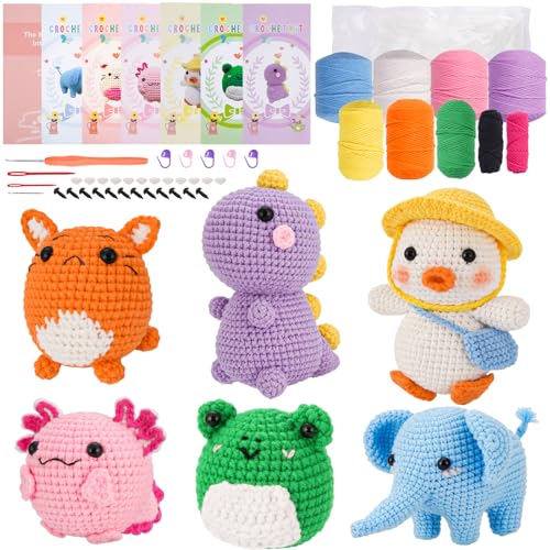 Gerute 6Pcs Crochet Kit for Beginners,Crochet Animal Kit with Step-by-Step Video Tutorial, Crocheting Kit for Starters, Beginner Crochet Kits for Adult Kid Women Men Complete Kit Included （40%+ Yarn - color: 6PCS-B
