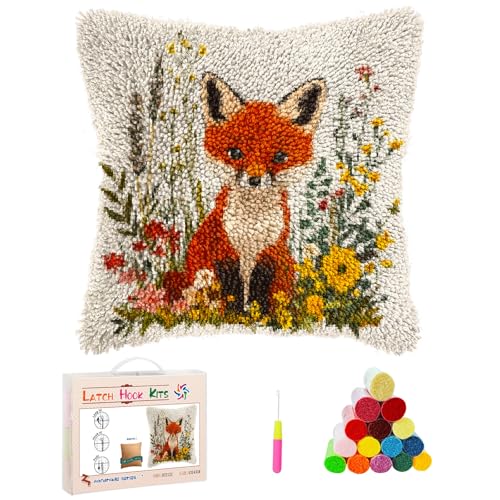 DIY Latch Hook Pillow Cover Kits Cute Red Fox in Flowers Stampled Handamade Pillowcase Crochet Yarn Hook and Latch Emboridery Throw Pillow for Home Sofa Decor 43x43cm(4)