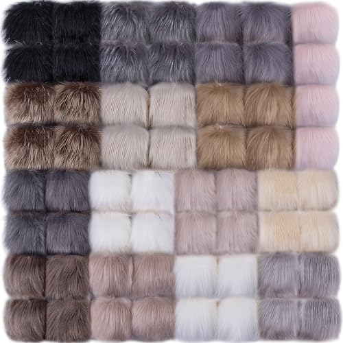SIQUK 60 Pcs Faux Fur Pom Pom for Hats Fluffy Fox Pom Pom with Elastic Loop | Pom Pom Balls for Knitting Hats Beanies Scarves Gloves Keychains Bags（15 Colors, 4 Pcs/Color） - color: Soft Color