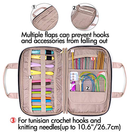 Yarwo Knitting Needles Case, Crochet Hooks Organizer with 2 Clear Pouches | Circular Needles Holder for Ergonomic Crochet Hook (up to 10.6") and Craft Yarn Kits, Top Handles, Bag Only, Dusty Rose - color: Dusty Rose