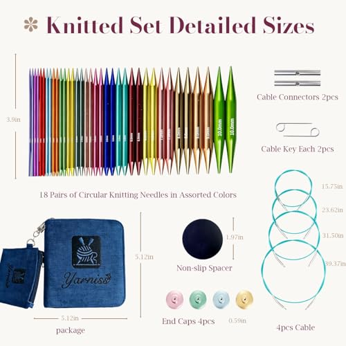 Yarniss 18 Pairs Circular Knitting Needles with Swivel Cable,US Sizes 0-15 | Aluminum Interchangeable Knitting Needles Kit with 4 Free-Memory Cables and Storage Case - color: Navy