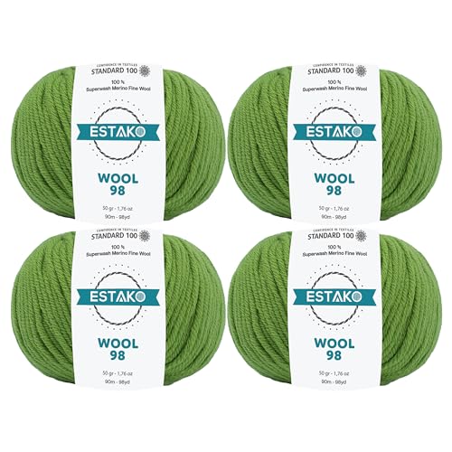 Estako Wool 98 100% Superwash Merino Wool Worsted Weight Yarn, Green 4-Pack | 7.04 oz, 392 yds, cyc 4 medium, aran, machine washable, 5 mm needles, 6 mm hook, 20 sts gauge, crocheting, sweaters - color: 6371-Green, size: 4 Skeins