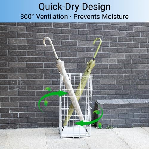 Umbrella Stand, Umbrella Holder for Entryway, Large Metal Foldable Umbrella Rack Organizer Freestanding, with Water Tray and Hooks, Rectangular Hollow Rack 9.5 x 9.5 x 19.7 Inches (White) - color: White