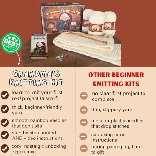 MaconGoods Grandma's Knitting Kit - Longer Scarf Kit - Complete Knitting Kit for Beginners - Includes Beginner Yarn, Bamboo Needles, Video Tutorial & Guide - Easy to Learn Knit Kit - style: Longer Scarf