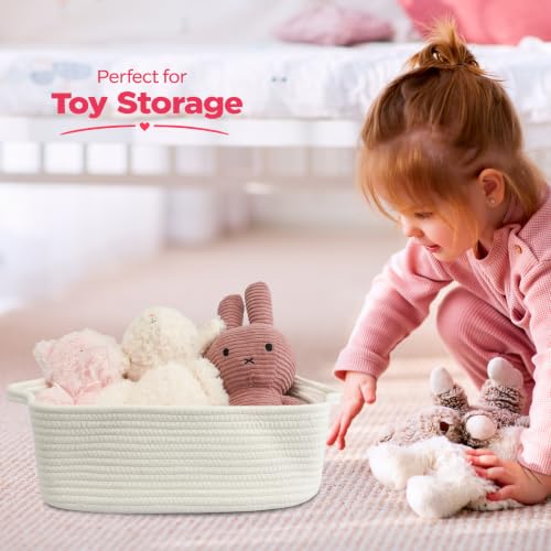 XUANGUO Medium Woven Cotton Rope Storage Basket with Handles, White | Small decorative rectangle storage bin for baby nursery items and cat toys; ideal as an empty gift basket or dog toy basket - color: white
