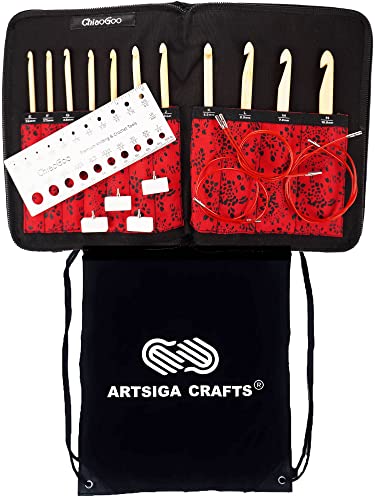 ChiaoGoo T-Spin Tunisian 5.7-Inch Complete 1500-C Crochet Hook Set | US E, F, G, 7, H, I, J, K, L, M, N, Pointy Head, Stainless Steel Join, 4 Red Twist Cables, Project Bag