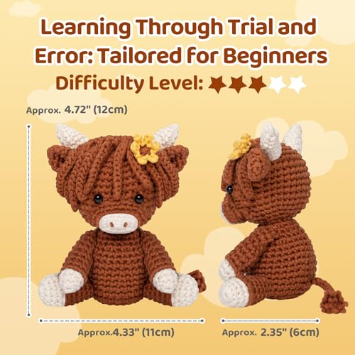 Mewaii Highland Cattle Crochet Kit for Beginners, 40% Extra Yarn | Video Tutorial, Pre-Started Piece, Gift Box, Level 1 Starter Kit, Family Craft for Adults, Kids & Beginners - color: Brown