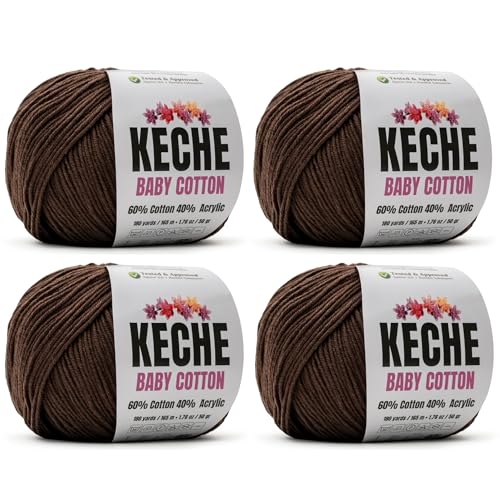 Keche Cotton Yarn, 60% Cotton 40% Acrylic Yarn, Soft Cotton Yarn for Crochet and Knitting, Amigurumi Yarn 4 Skeins/Balls [1.76 Oz (50g) / 180 Yrds (165m)] x 4 - Brown - color: BROWN, size: 4 SKEINS