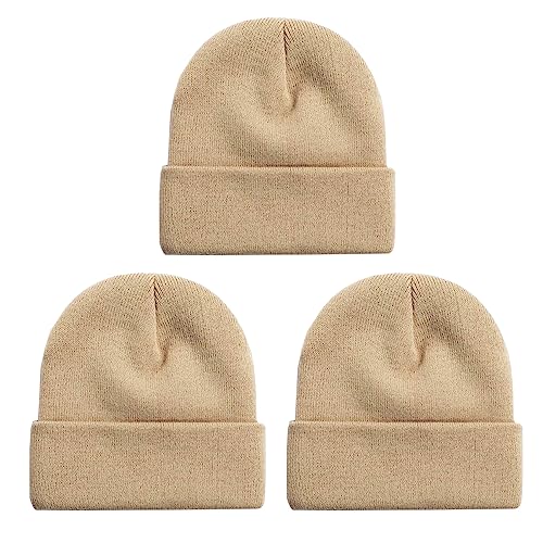 NPQQUAN 3 Packs Unisex Beanie Hats for Men Women Winter Knit Beanies | Mens and Womens,Great Stretch Knit,Thick Warm Comfort Beanies,Outdoor Sports including Skiing Running Camping - color: Khaki+khaki+khaki