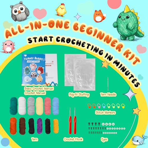 Joyclub Crochet Kit for Beginners 6 Animal Family with Video for Adults | Amigurumi animal with step-by-step video and 40% extra yarn for first projects crochet starter; DIY gifts for adult crafters - color: Colorful Animal
