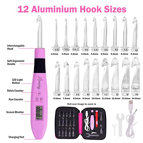 Lirmiery 17 Sizes Counting Crochet Hook Set Digital 2.50~14.0mm,2 Levels Brightness Dimmable Light Up Crochet Hooks for Stitch & Row Counter,Beginner Knitting Kit with 17Interchangeable Crochet Hooks - size: 17size Counting Crochet