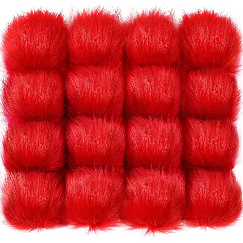 Tatuo 16 Pcs Faux Fur Pom Poms for Hat 4 Inches Large Fluffy Pom Balls for Craft Knitting Beanie Shoe Scarf Bag Pompom Valentine Keychain Charm Winter DIY Accessory (Red) - color: Red