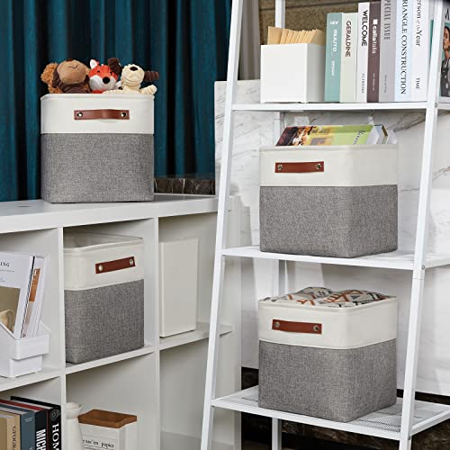 DULLEMELO 11 Inch Cube Storage Bins (Set of 4), Fabric Storage Baskets for Standard Cube Organizers, High-Capacity Collapsible Bins with PU Leather Handles for Closet, Nursery, and Shelves-White&Grey - color: White&Grey, size: S-11"x11"x11"