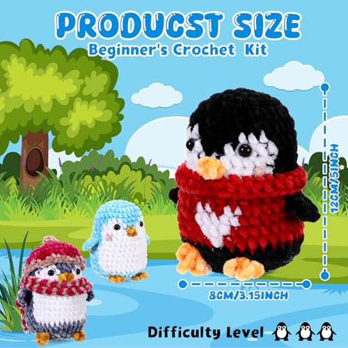 XunYee 3 Pcs Little Penguins Crochet Kit DIY Amigurumi Set Chenille Yarn Crochet Kit for Beginners with Complete Tools Step-by-Step Pattern Craft Gift for Adults - style: Penguin