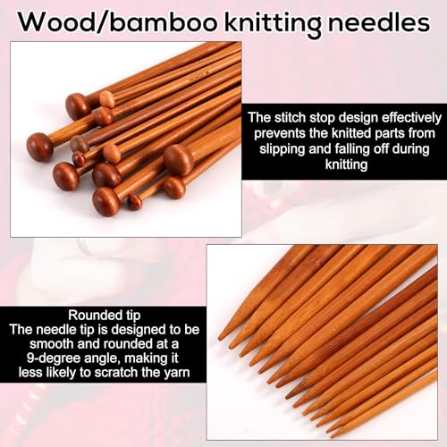 7 Pairs Bamboo Knitting Needles Set, 4mm-10mm Wooden Single Point Straight Knitting Needles for Beginners Sweaters Scarves Shawls Blankets