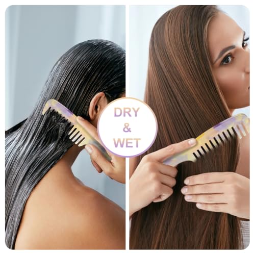 Large Wide Tooth Hair Comb Tortoise Shell Comb for Thick Curly Hair | Cellulose Acetate Hair Detangling Comb Round Tooth for Women Men or Kids, Anti-Static Wet or Dry, Yellow - color: Rainbow