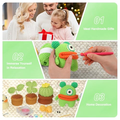 Autglint Monster Crochet Kit for Complete Beginners, Amigurumi Animal Starter Kit with Detailed Video Tutorials, Learn to Crochet Kit with Non-Split Pre-Started Yarn - Green Monster - style: Monster