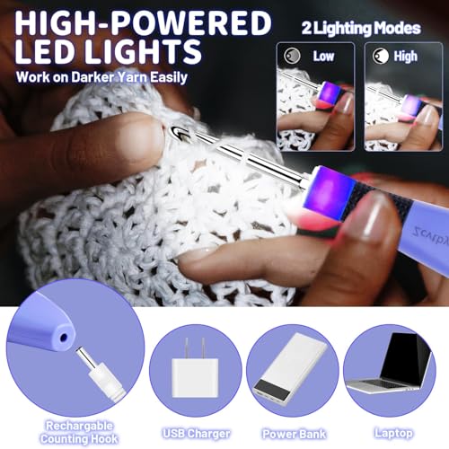 BZVV Light Up Crochet Hook Set Everything Crochet Counter 12 Different Size | Digital stitch counting, lighted ergonomic dual handles, reinforced connection and complete everything crochet tools. - color: blue-12 Sizes