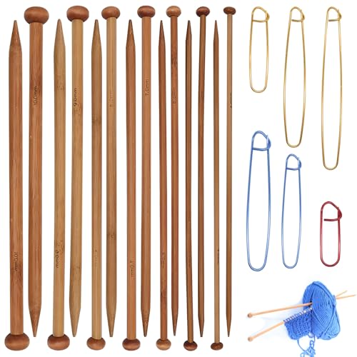 7 Pairs Bamboo Knitting Needles Set, Single Point Straight Wood Smooth Long Wooden Knitting Needles for Blankets, Scarves, Hats – Gift for Knitting Enthusiasts/Beginners - color: 25cm single needle