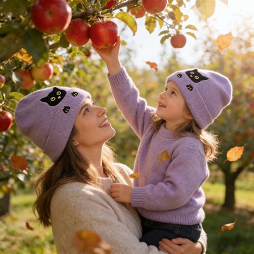 Personality Animal Head Embroidery Knit Beanie Hat for Adult and Big Kids Winter Warm Skull Cuffed Hats - color: Cat-purple