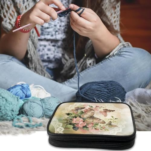 Vanideaoty Butterfly Floral Crochet Hook Case Vintage Crochet Hook Organizer Without Accessories Knitting Needle Case for Knitting Supplies Holiday Decoration - color: Butterfly Floral Vintage