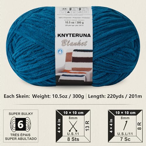 #6 Super Bulky Blanket Yarn for Crocheting - 4 Skeins(Each 10.5oz/300g, 220yds/201m), Chunky Chenille Thick Plush Big Soft Yarn for Crocheting Knitting Blankets, Indigo - color: Indigo