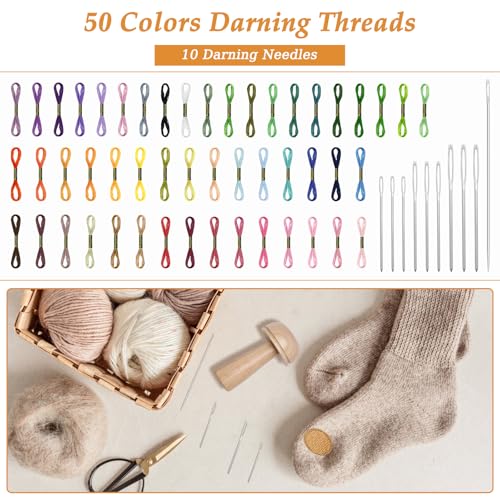 Windspeed Darning Mushroom for Socks Darner Kit | with 14 Hooks Small WeavingLoom 9 Large Eye Needles 50 Colors Thread, Socks Sewing Supplies, Ideal DIY Socks Handicraft