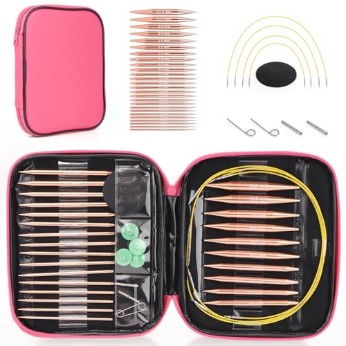 Interchangeable Circular Knitting Needles Set, 13 Pairs (26pcs) Rose Gold Aluminum Knitting Needles Kit, Sizes 3.0mm–10.0mm, Knitting Needle Case & Accessories for Knitting Beginners & Advanced - color: Rose Gold