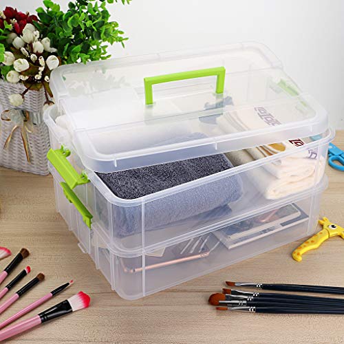 BTSKY 2 Layer Stack & Carry Box, Plastic Multipurpose Portable Storage Container Box Handled Organizer Storage Box for Organizing Stationery, Sewing, Art Craft, Jewelry and Beauty Supplies Green | Multipurpose Craft Organizers and Storage for Organizing S
