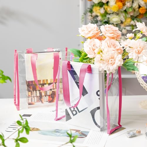 Paterr 30 Pcs Clear Tote Bag Stadium Approved Bulk 10 x 10 x 4 inch Plastic Tote Gifts Bags with Handle for Women Sports Gym(Pink) - color: Pink