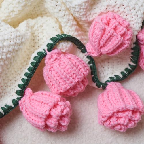 vctops Flower Bouquet Knitted Throw Blanket, Cute Roses Bouquets Handmade Crochet Round Blankets, Pink Roses Soft Small Throws Gifts for Girls, Women, Wife (Pink,Diameter 43") - color: Pink, size: Kids,Diameter 43"