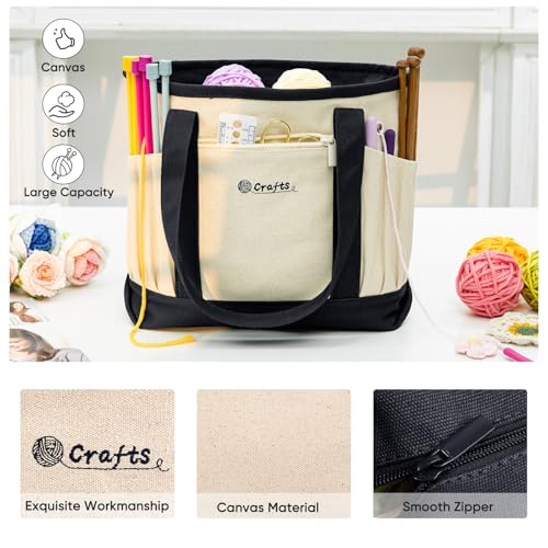 Canvas Yarn Storage Organizer Bag Washable Crochet Bag with Pockets for Yarn, Hooks, Needles – Travel Knitting Tote for Crafters – Gift for Crocheters & Knitters (Medium/Large) - color: Nature-Black, size: Medium-12.5“