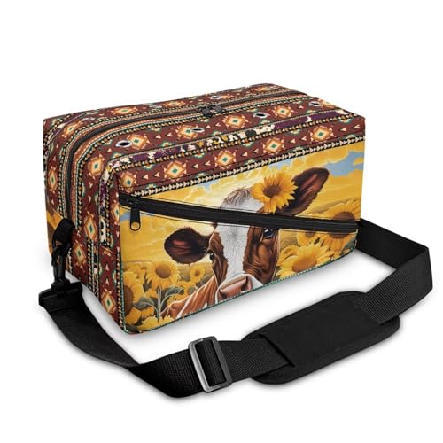 Fuxowvby Sunflower Cow Crochet Bag Tribal Print Yarn Storage Organizer with Adjustable Straps Lightweight Knitting Bag Carrying Case with Holes - color: Sunflower Cow Tribal Print