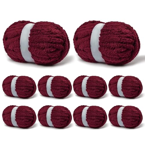 10 Pack Burgundy Fuzzy Chunky Yarn for Hand Knitting, Bulky Thick Fluffy Chenille Yarn for Crocheting, 240yds/70.5oz Jumbo Crochet Yarns, Soft Chunky Knit Blanket Yarns for Crochet - color: 10 Burgundy