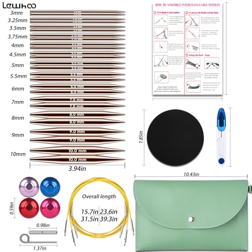 Lewhoo 13 Pairs Circular Knitting Needles Set 3.0~10.mm Rose Gold | Interchangeable Aluminum Round Circular Needle for Knitting with Bag - color: Rose Gold