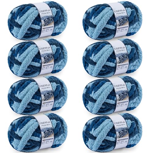 Cozyful Chunky Yarn for Hand Knitting - #10 Chunky Chenille Blanket Yarn, Jumbo Big Thick Chunky Yarns for Crocheting, Tie Dye Bulky Knit Yarns, 8 Skein (20 yds 8 oz Each Skein), Navy & Multi Blue - color: Navy & Multi Blue